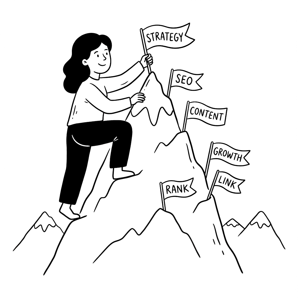 Illustration of a marketer planting strategy flags atop mountain peaks